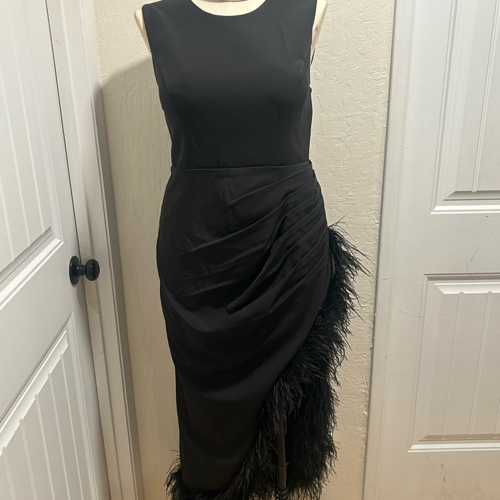 Mac Duggal Black Midi Sheath Dress with Feather Trim